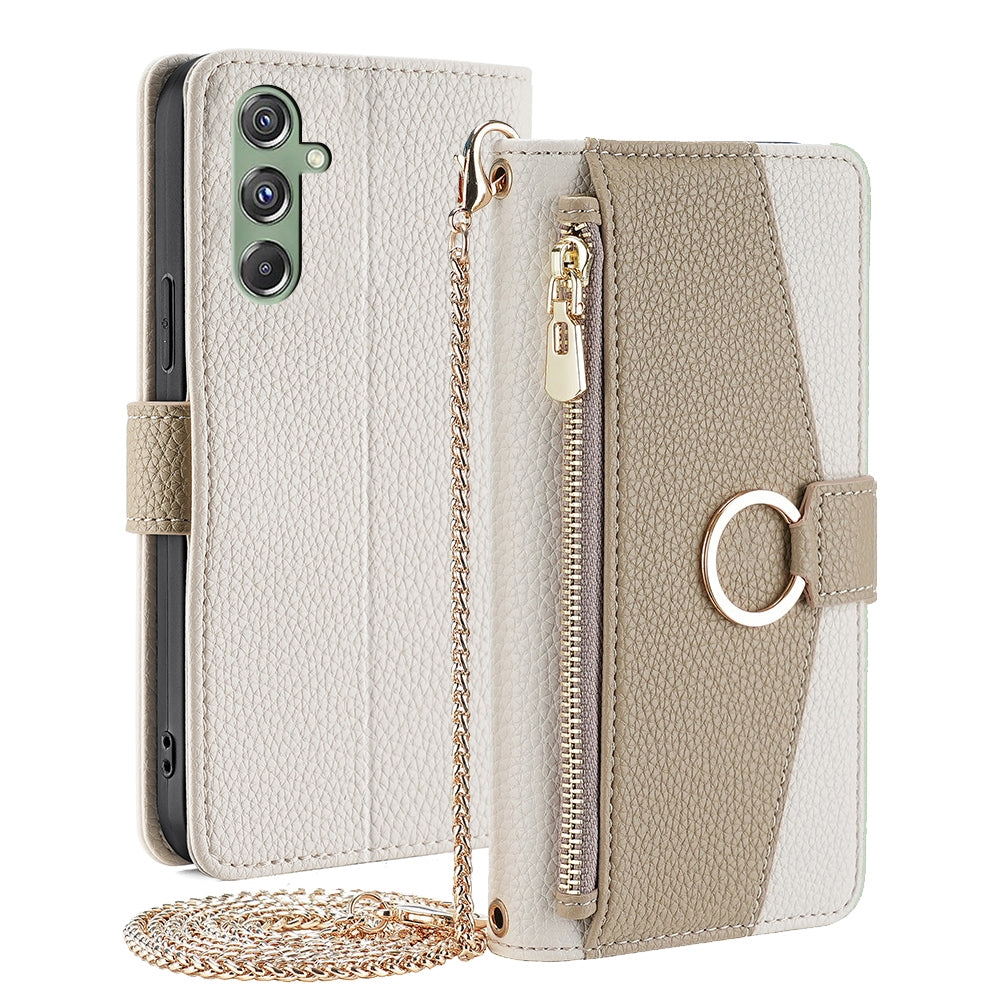 Samsung Galaxy F34 5G Crossbody Phone Case with Litchi Texture Leather, Adjustable Kickstand, Card Slots, Zipper Purse, Makeup Mirror, and TPU Protection