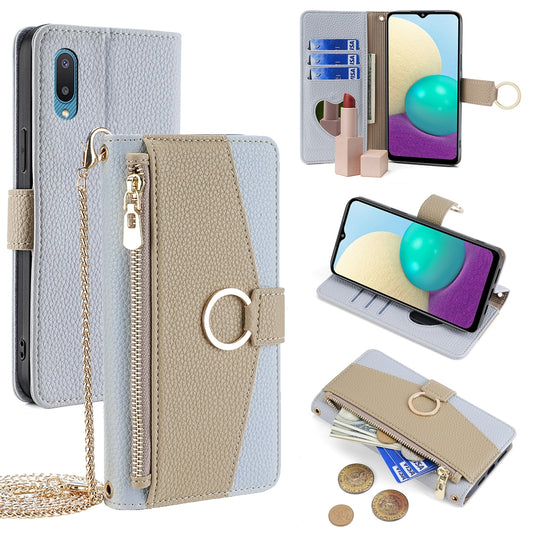 Samsung Galaxy A02 Crossbody Phone Case with Litchi Texture Leather, Adjustable Kickstand, Card Slots, Zipper Purse, Makeup Mirror, and TPU Protection