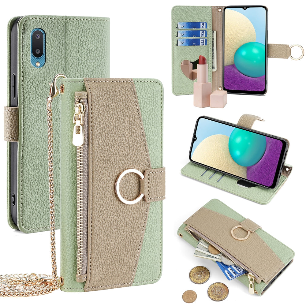Samsung Galaxy A02 Crossbody Phone Case with Litchi Texture Leather, Adjustable Kickstand, Card Slots, Zipper Purse, Makeup Mirror, and TPU Protection