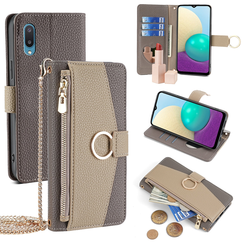 Samsung Galaxy A02 Crossbody Phone Case with Litchi Texture Leather, Adjustable Kickstand, Card Slots, Zipper Purse, Makeup Mirror, and TPU Protection