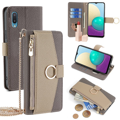 Samsung Galaxy A02 Crossbody Phone Case with Litchi Texture Leather, Adjustable Kickstand, Card Slots, Zipper Purse, Makeup Mirror, and TPU Protection