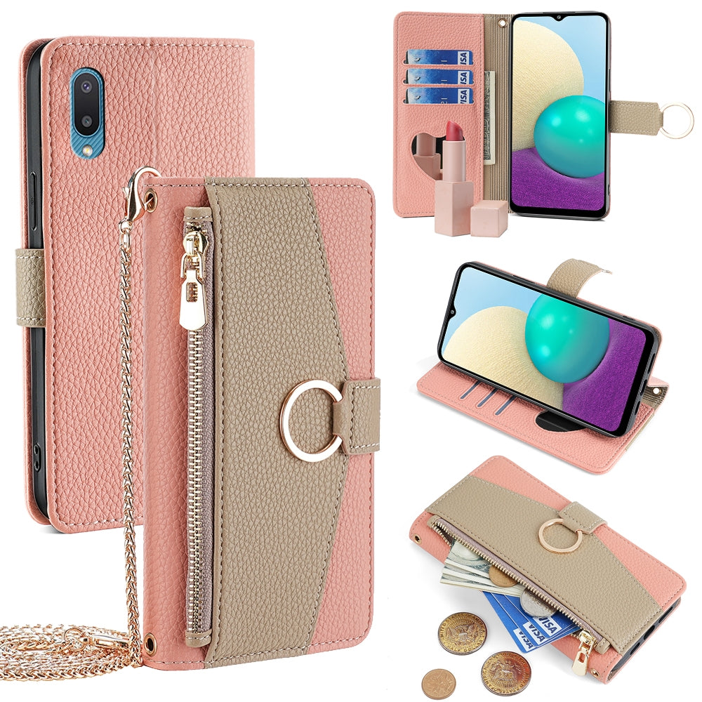 Samsung Galaxy A02 Crossbody Phone Case with Litchi Texture Leather, Adjustable Kickstand, Card Slots, Zipper Purse, Makeup Mirror, and TPU Protection