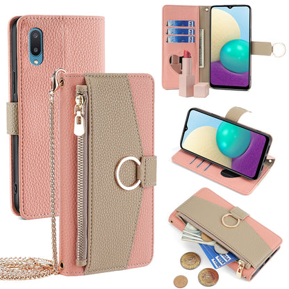 Samsung Galaxy A02 Crossbody Phone Case with Litchi Texture Leather, Adjustable Kickstand, Card Slots, Zipper Purse, Makeup Mirror, and TPU Protection