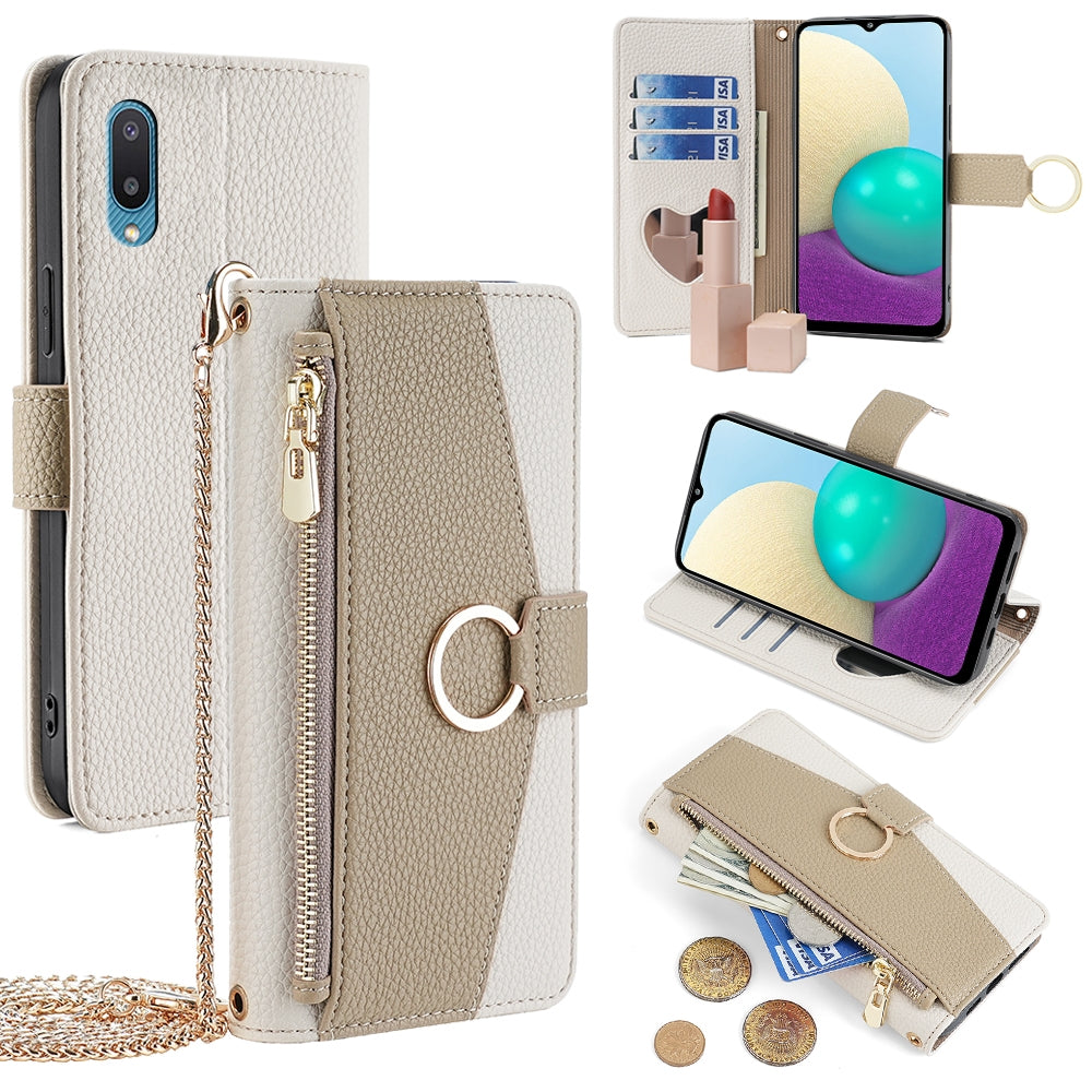 Samsung Galaxy A02 Crossbody Phone Case with Litchi Texture Leather, Adjustable Kickstand, Card Slots, Zipper Purse, Makeup Mirror, and TPU Protection
