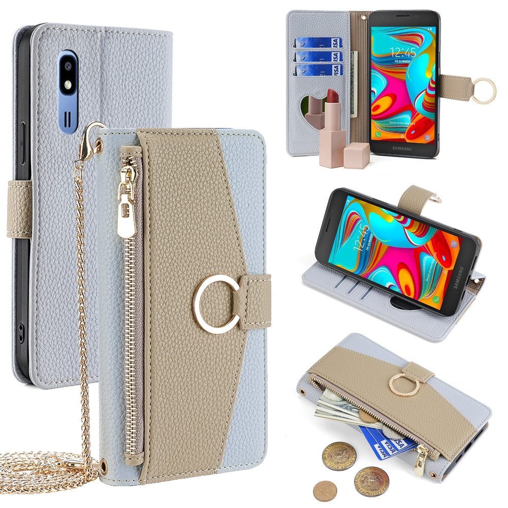 Samsung Galaxy A2 Core Crossbody Phone Case with Litchi Texture Leather, Adjustable Kickstand, Card Slots, Zipper Purse, Makeup Mirror, and TPU Protection