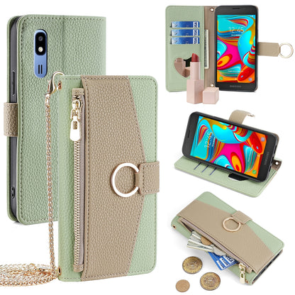 Samsung Galaxy A2 Core Crossbody Phone Case with Litchi Texture Leather, Adjustable Kickstand, Card Slots, Zipper Purse, Makeup Mirror, and TPU Protection