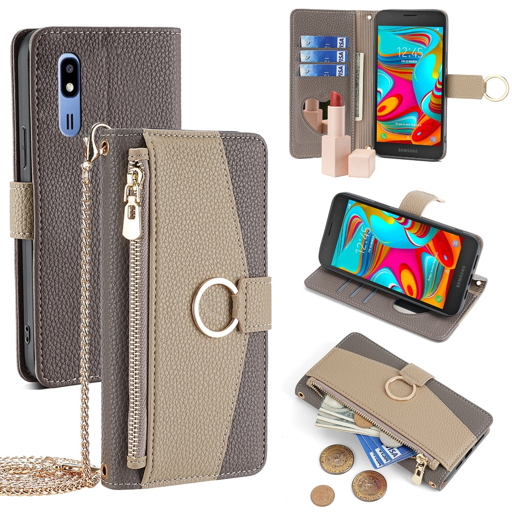 Samsung Galaxy A2 Core Crossbody Phone Case with Litchi Texture Leather, Adjustable Kickstand, Card Slots, Zipper Purse, Makeup Mirror, and TPU Protection
