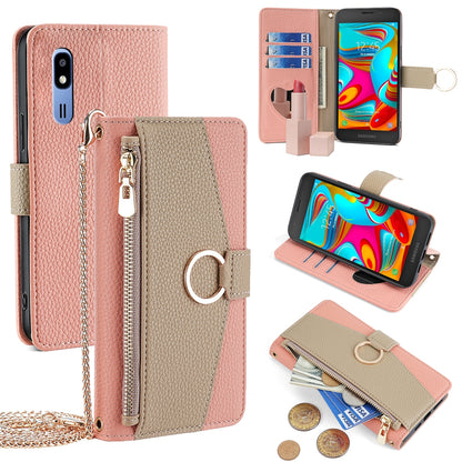 Samsung Galaxy A2 Core Crossbody Phone Case with Litchi Texture Leather, Adjustable Kickstand, Card Slots, Zipper Purse, Makeup Mirror, and TPU Protection