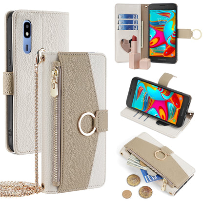 Samsung Galaxy A2 Core Crossbody Phone Case with Litchi Texture Leather, Adjustable Kickstand, Card Slots, Zipper Purse, Makeup Mirror, and TPU Protection