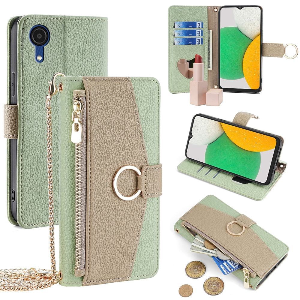 Samsung Galaxy A03 Core Crossbody Phone Case with Litchi Texture Leather, Adjustable Kickstand, Card Slots, Zipper Purse, Makeup Mirror, and TPU Protection