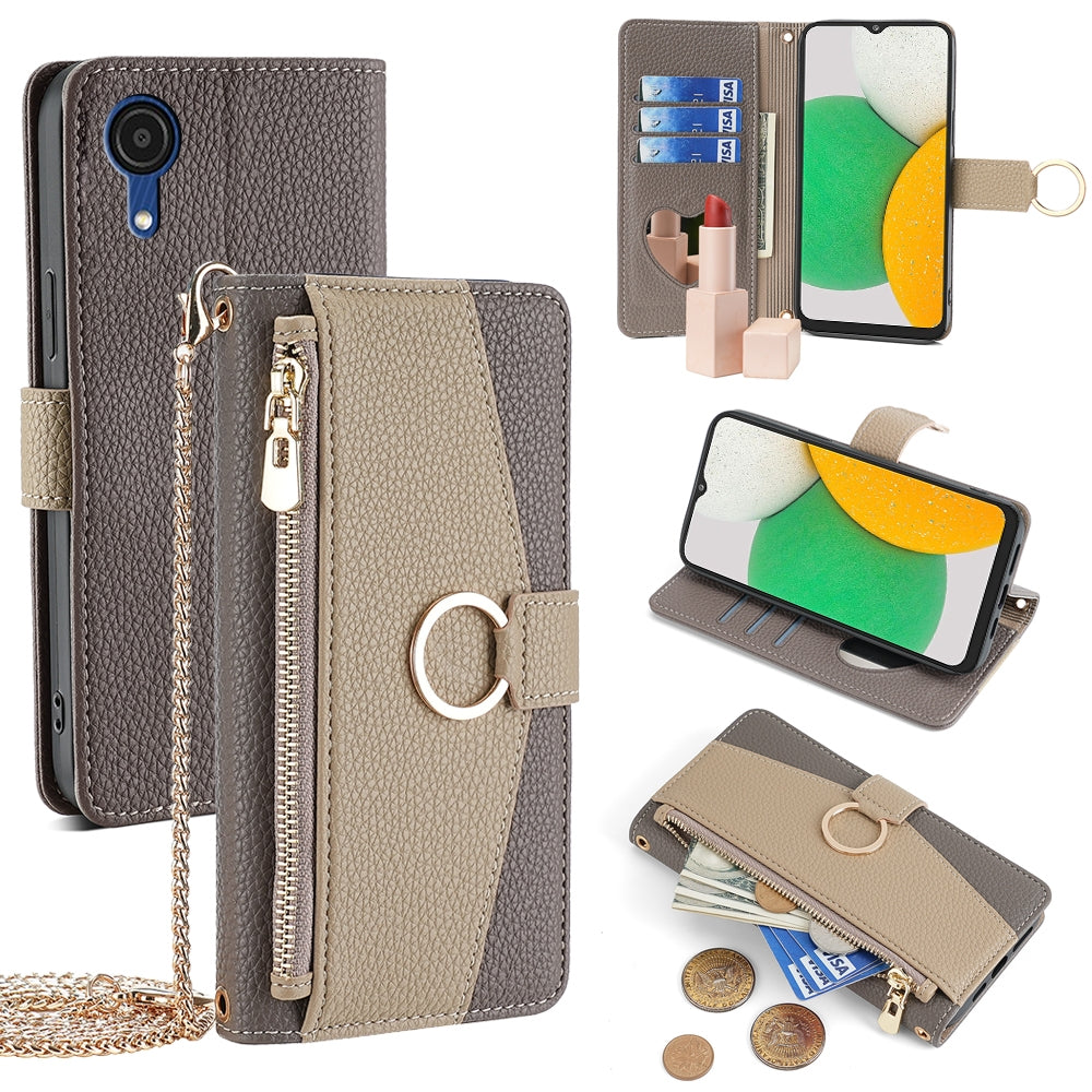 Samsung Galaxy A03 Core Crossbody Phone Case with Litchi Texture Leather, Adjustable Kickstand, Card Slots, Zipper Purse, Makeup Mirror, and TPU Protection