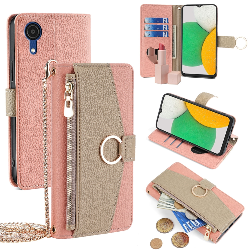 Samsung Galaxy A03 Core Crossbody Phone Case with Litchi Texture Leather, Adjustable Kickstand, Card Slots, Zipper Purse, Makeup Mirror, and TPU Protection