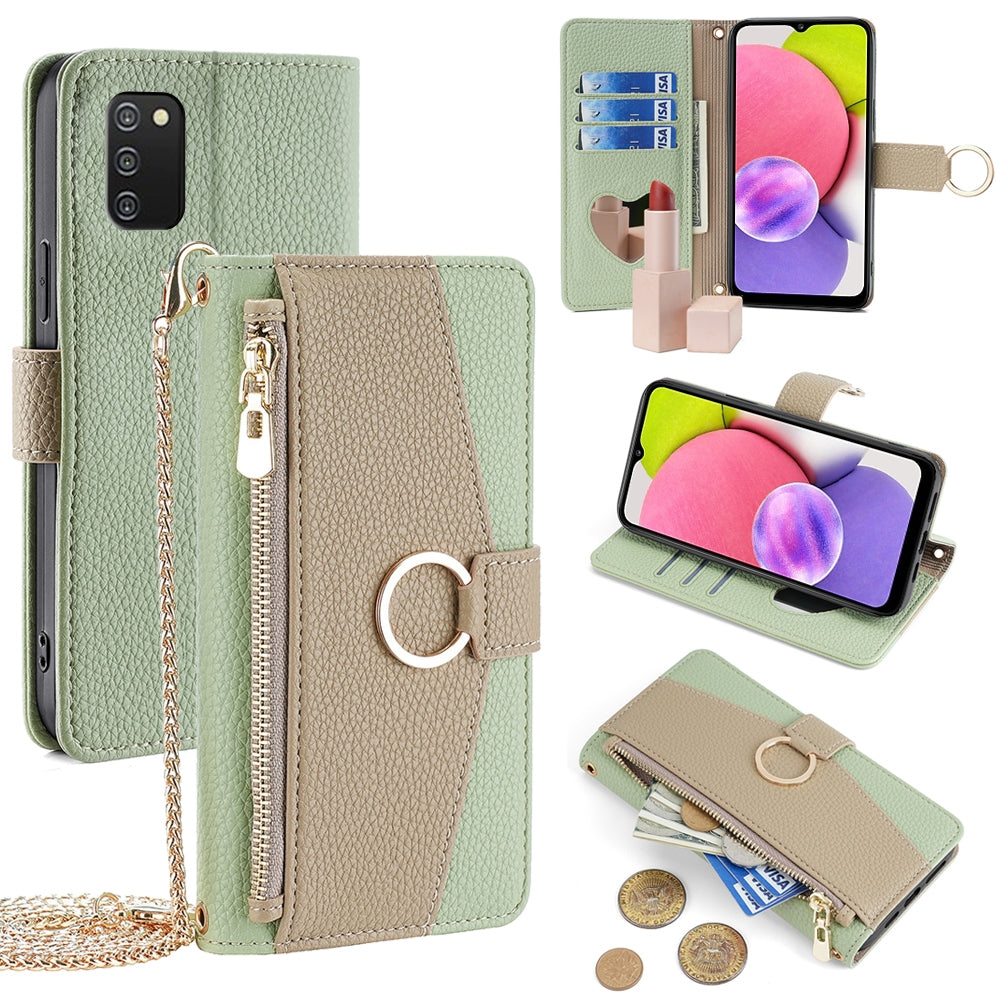 Samsung Galaxy A03s Crossbody Phone Case with Litchi Texture Leather, Adjustable Kickstand, Card Slots, Zipper Purse, Makeup Mirror, and TPU Protection