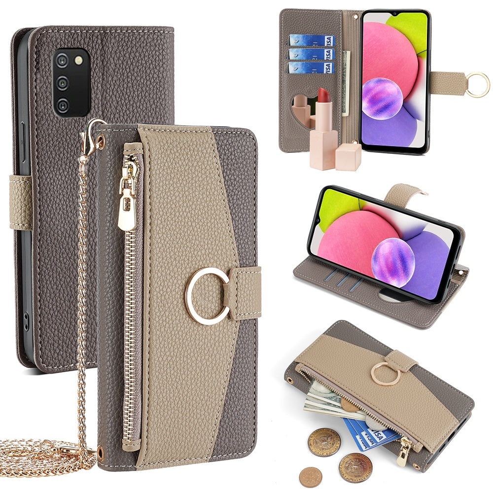 Samsung Galaxy A03s Crossbody Phone Case with Litchi Texture Leather, Adjustable Kickstand, Card Slots, Zipper Purse, Makeup Mirror, and TPU Protection