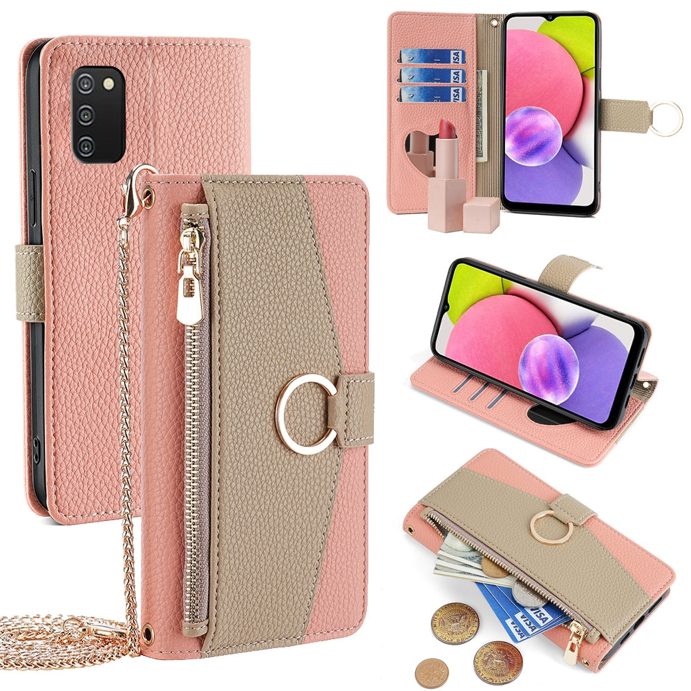 Samsung Galaxy A03s Crossbody Phone Case with Litchi Texture Leather, Adjustable Kickstand, Card Slots, Zipper Purse, Makeup Mirror, and TPU Protection