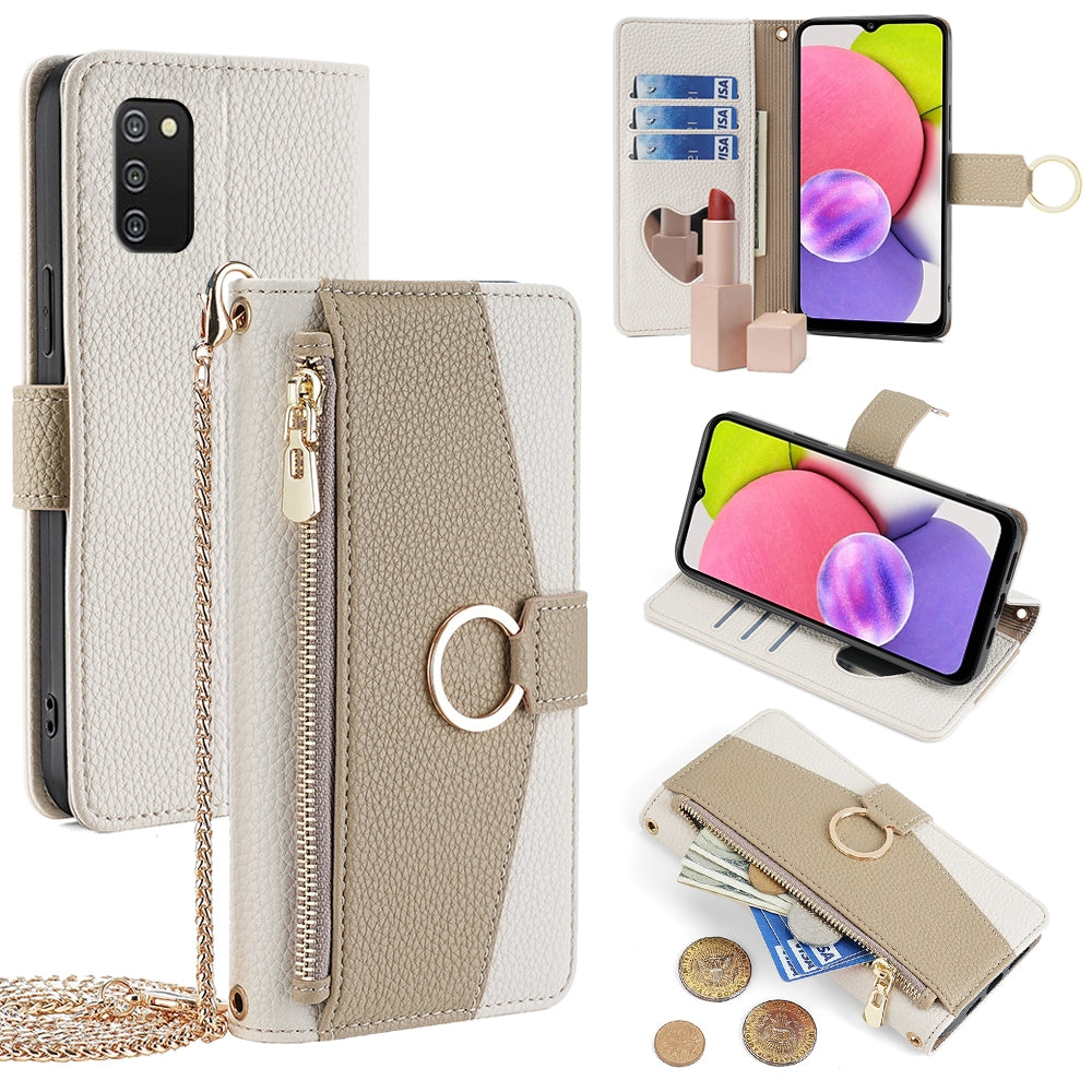 Samsung Galaxy A03s Crossbody Phone Case with Litchi Texture Leather, Adjustable Kickstand, Card Slots, Zipper Purse, Makeup Mirror, and TPU Protection