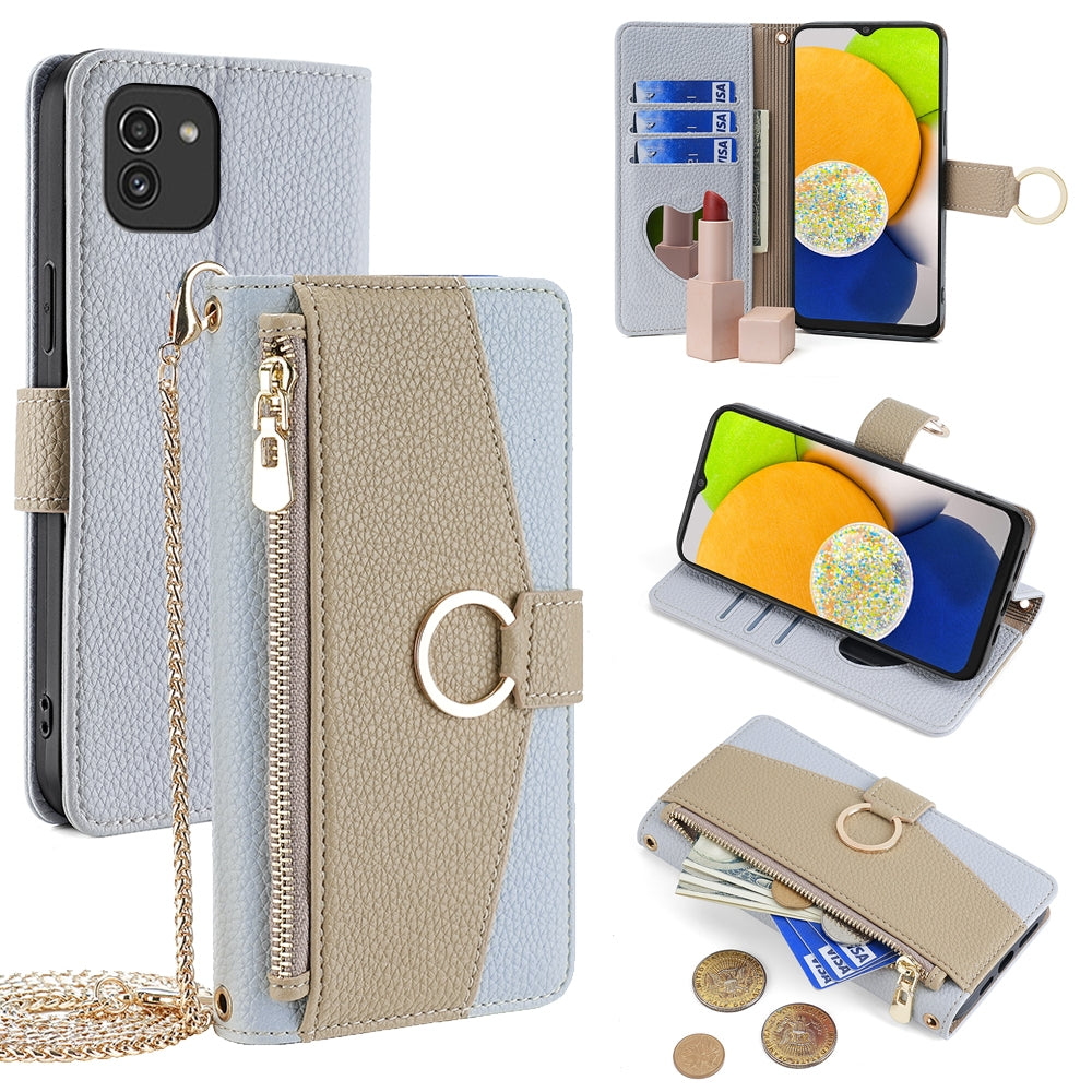 Samsung Galaxy A03 Global Crossbody Phone Case with Litchi Texture Leather, Adjustable Kickstand, Card Slots, Zipper Purse, Makeup Mirror, and TPU Protection