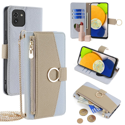 Samsung Galaxy A03 Global Crossbody Phone Case with Litchi Texture Leather, Adjustable Kickstand, Card Slots, Zipper Purse, Makeup Mirror, and TPU Protection