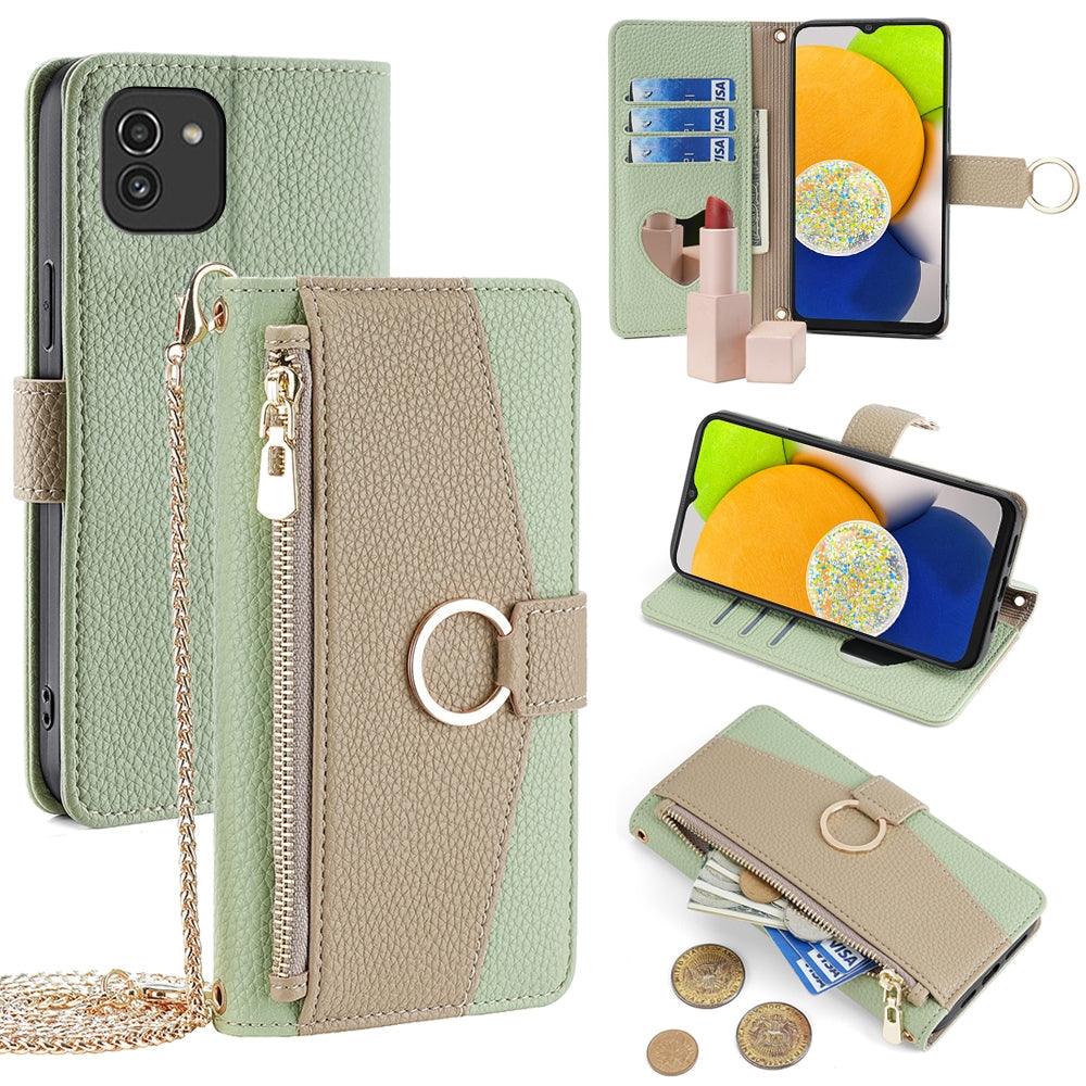 Samsung Galaxy A03 Global Crossbody Phone Case with Litchi Texture Leather, Adjustable Kickstand, Card Slots, Zipper Purse, Makeup Mirror, and TPU Protection