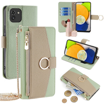 Samsung Galaxy A03 Global Crossbody Phone Case with Litchi Texture Leather, Adjustable Kickstand, Card Slots, Zipper Purse, Makeup Mirror, and TPU Protection