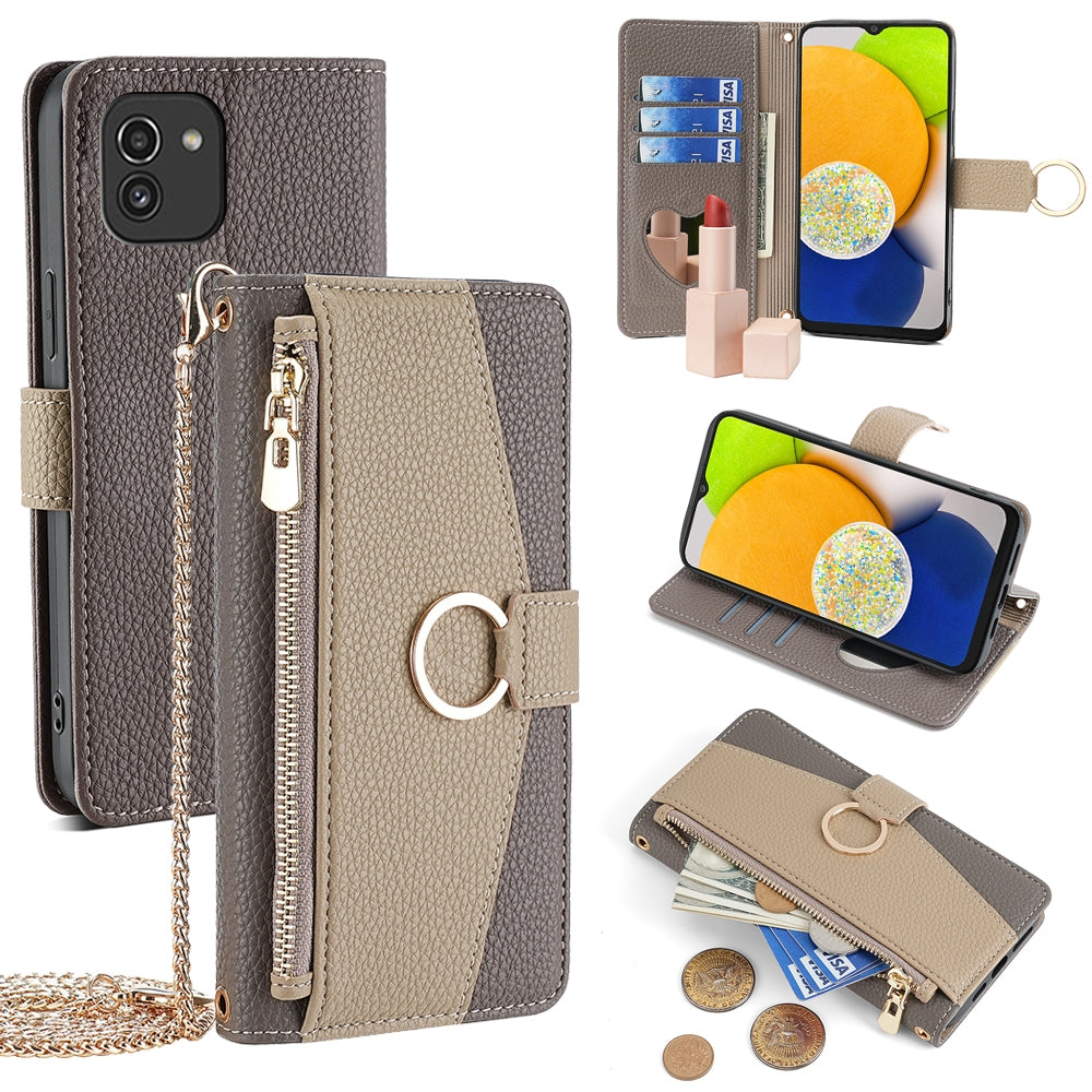 Samsung Galaxy A03 Global Crossbody Phone Case with Litchi Texture Leather, Adjustable Kickstand, Card Slots, Zipper Purse, Makeup Mirror, and TPU Protection