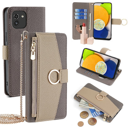 Samsung Galaxy A03 Global Crossbody Phone Case with Litchi Texture Leather, Adjustable Kickstand, Card Slots, Zipper Purse, Makeup Mirror, and TPU Protection