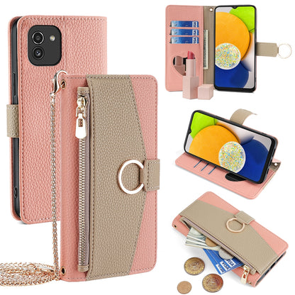 Samsung Galaxy A03 Global Crossbody Phone Case with Litchi Texture Leather, Adjustable Kickstand, Card Slots, Zipper Purse, Makeup Mirror, and TPU Protection