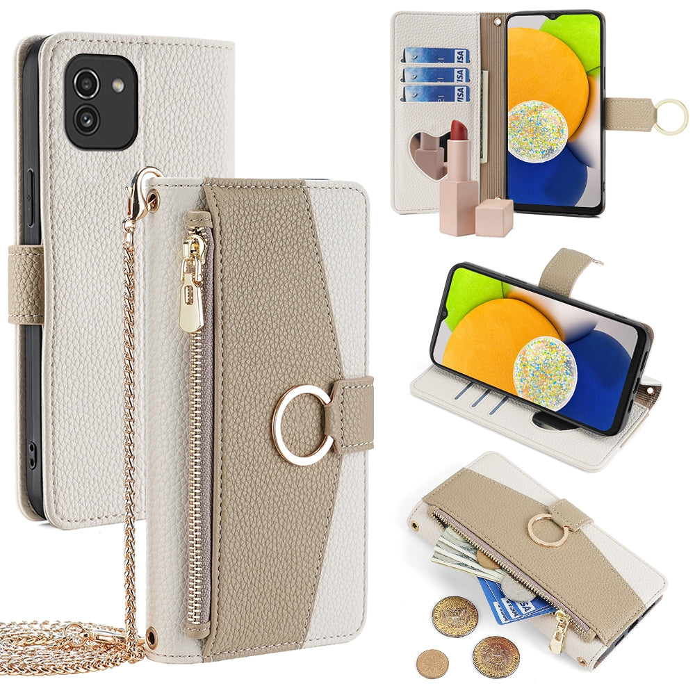 Samsung Galaxy A03 Global Crossbody Phone Case with Litchi Texture Leather, Adjustable Kickstand, Card Slots, Zipper Purse, Makeup Mirror, and TPU Protection
