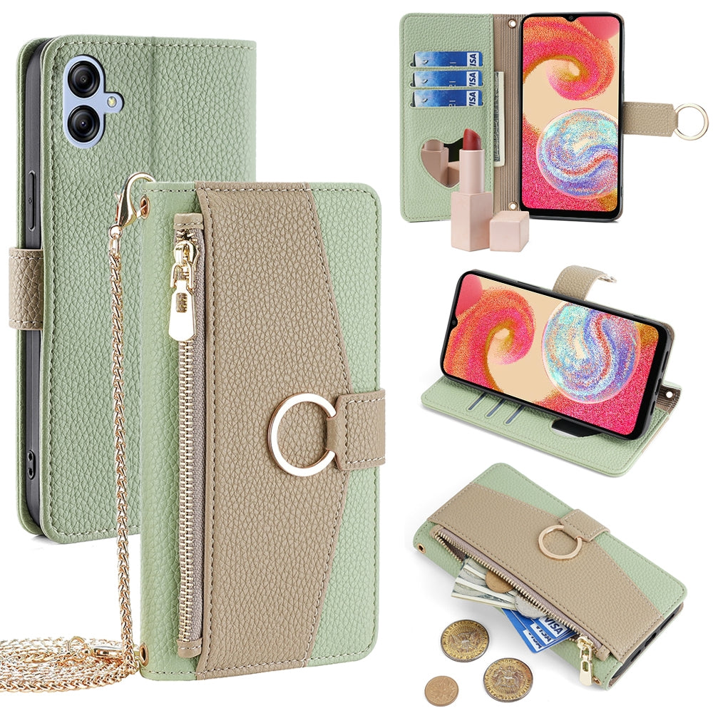 Samsung Galaxy A04e 4G Crossbody Phone Case with Litchi Texture Leather, Adjustable Kickstand, Card Slots, Zipper Purse, Makeup Mirror, and TPU Protection