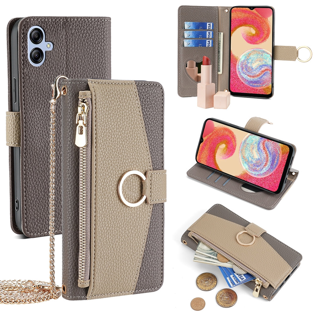 Samsung Galaxy A04e 4G Crossbody Phone Case with Litchi Texture Leather, Adjustable Kickstand, Card Slots, Zipper Purse, Makeup Mirror, and TPU Protection