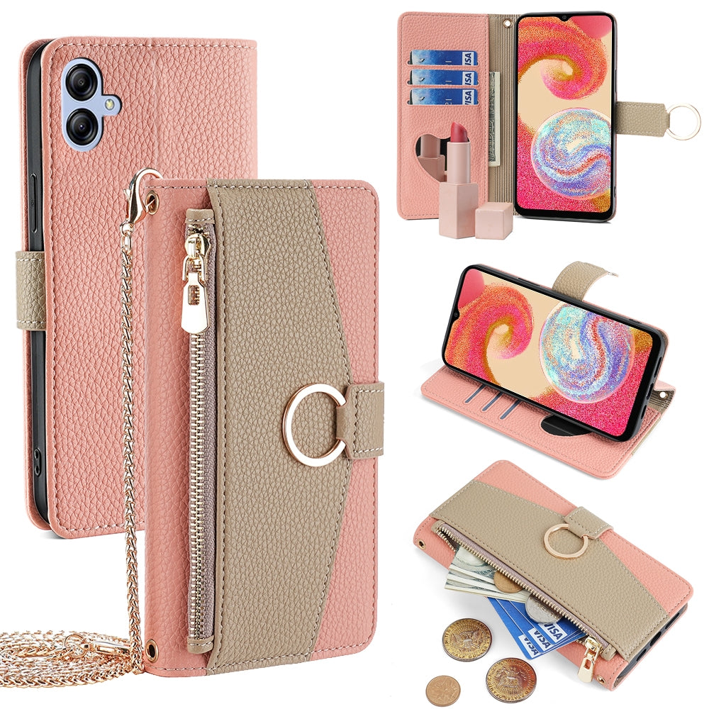Samsung Galaxy A04e 4G Crossbody Phone Case with Litchi Texture Leather, Adjustable Kickstand, Card Slots, Zipper Purse, Makeup Mirror, and TPU Protection