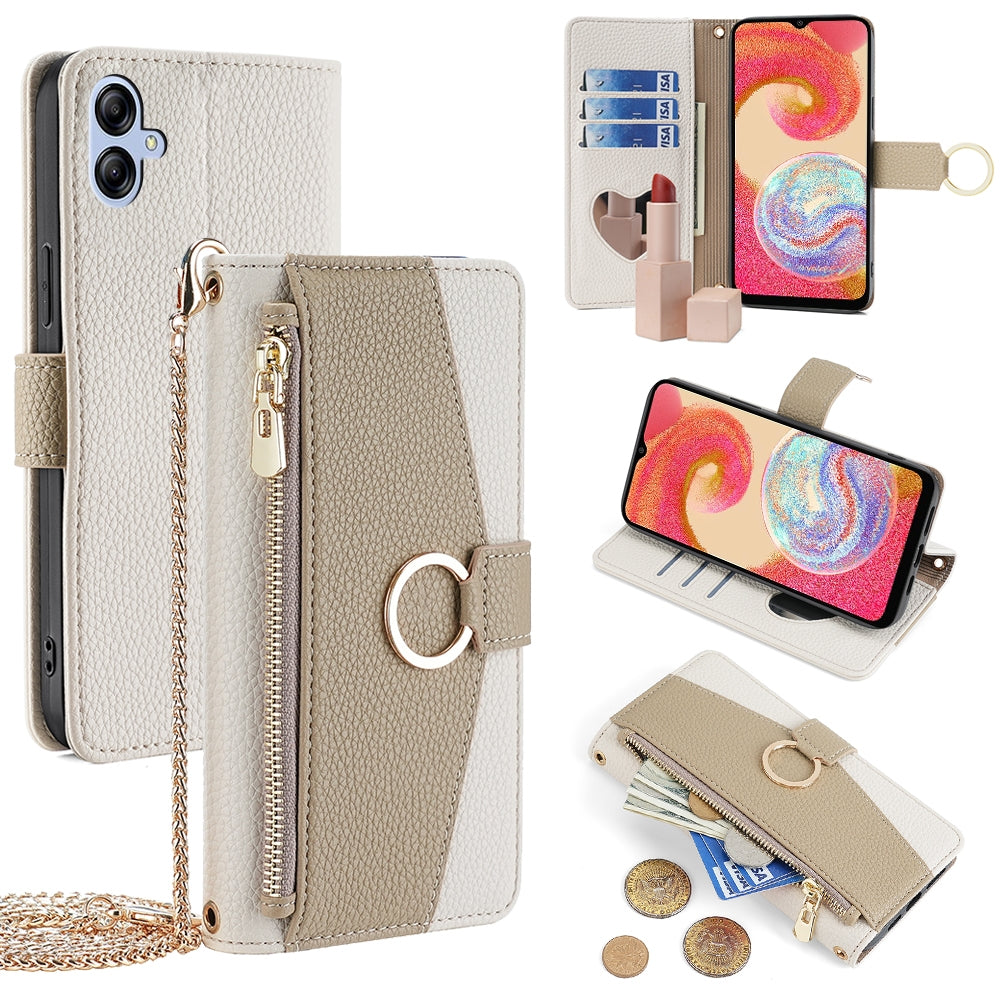 Samsung Galaxy A04e 4G Crossbody Phone Case with Litchi Texture Leather, Adjustable Kickstand, Card Slots, Zipper Purse, Makeup Mirror, and TPU Protection