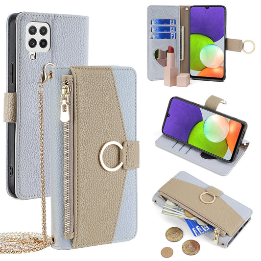 Samsung Galaxy A22 4G Crossbody Phone Case with Litchi Texture Leather, Adjustable Kickstand, Card Slots, Zipper Purse, Makeup Mirror, and TPU Protection