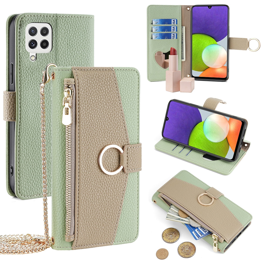Samsung Galaxy A22 4G Crossbody Phone Case with Litchi Texture Leather, Adjustable Kickstand, Card Slots, Zipper Purse, Makeup Mirror, and TPU Protection