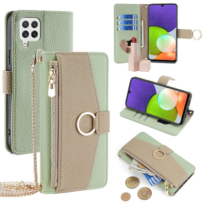 Samsung Galaxy A22 4G Crossbody Phone Case with Litchi Texture Leather, Adjustable Kickstand, Card Slots, Zipper Purse, Makeup Mirror, and TPU Protection