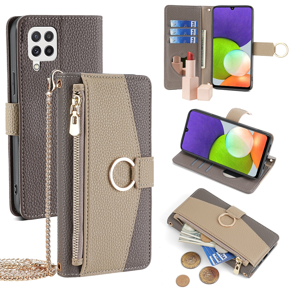Samsung Galaxy A22 4G Crossbody Phone Case with Litchi Texture Leather, Adjustable Kickstand, Card Slots, Zipper Purse, Makeup Mirror, and TPU Protection