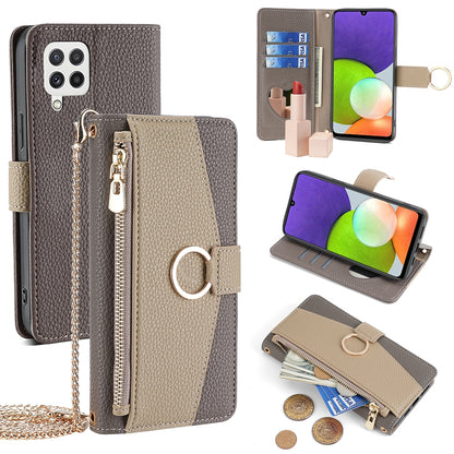 Samsung Galaxy A22 4G Crossbody Phone Case with Litchi Texture Leather, Adjustable Kickstand, Card Slots, Zipper Purse, Makeup Mirror, and TPU Protection