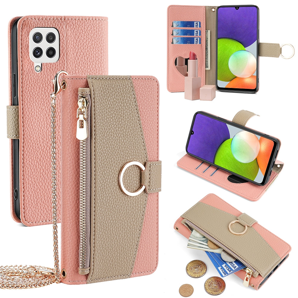 Samsung Galaxy A22 4G Crossbody Phone Case with Litchi Texture Leather, Adjustable Kickstand, Card Slots, Zipper Purse, Makeup Mirror, and TPU Protection