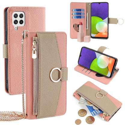 Samsung Galaxy A22 4G Crossbody Phone Case with Litchi Texture Leather, Adjustable Kickstand, Card Slots, Zipper Purse, Makeup Mirror, and TPU Protection