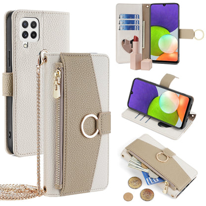 Samsung Galaxy A22 4G Crossbody Phone Case with Litchi Texture Leather, Adjustable Kickstand, Card Slots, Zipper Purse, Makeup Mirror, and TPU Protection