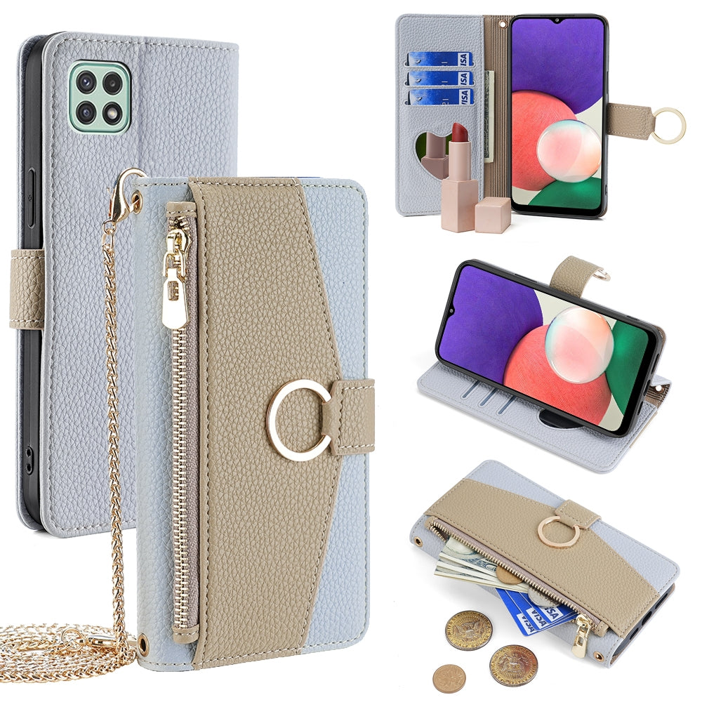 Samsung Galaxy A22 5G Crossbody Phone Case with Litchi Texture Leather, Adjustable Kickstand, Card Slots, Zipper Purse, Makeup Mirror, and TPU Protection