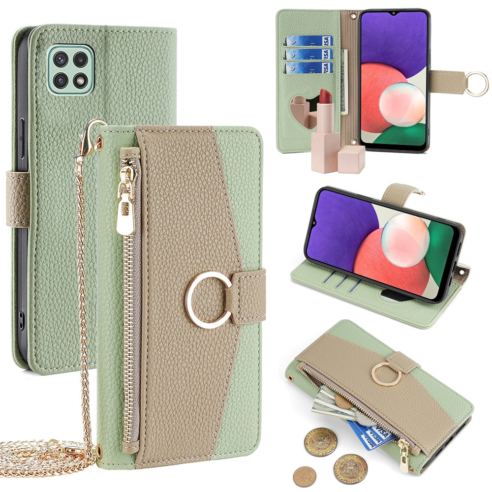 Samsung Galaxy A22 5G Crossbody Phone Case with Litchi Texture Leather, Adjustable Kickstand, Card Slots, Zipper Purse, Makeup Mirror, and TPU Protection
