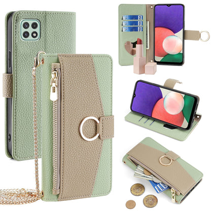 Samsung Galaxy A22 5G Crossbody Phone Case with Litchi Texture Leather, Adjustable Kickstand, Card Slots, Zipper Purse, Makeup Mirror, and TPU Protection