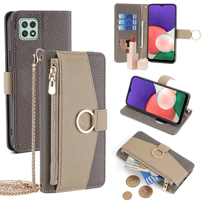 Samsung Galaxy A22 5G Crossbody Phone Case with Litchi Texture Leather, Adjustable Kickstand, Card Slots, Zipper Purse, Makeup Mirror, and TPU Protection
