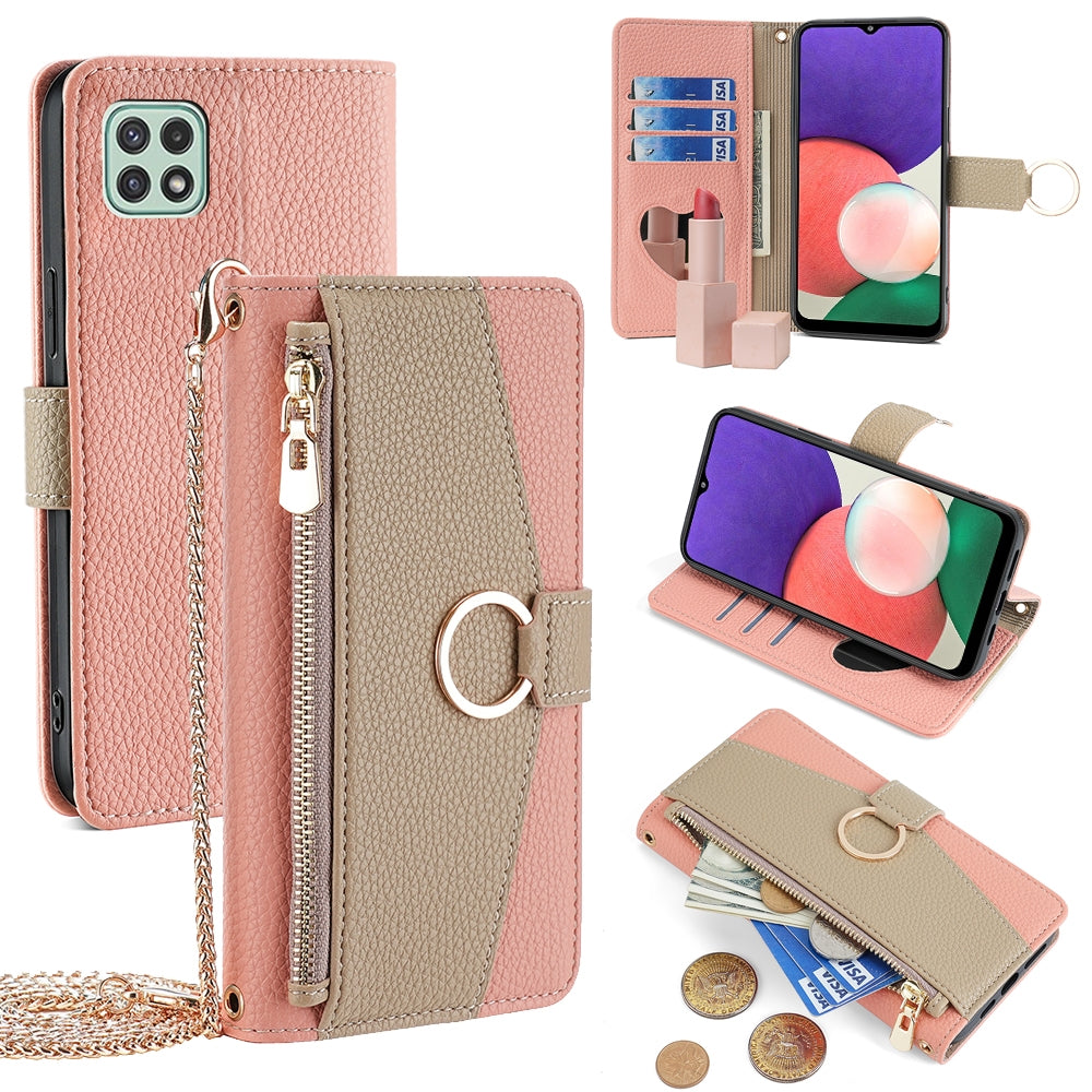 Samsung Galaxy A22 5G Crossbody Phone Case with Litchi Texture Leather, Adjustable Kickstand, Card Slots, Zipper Purse, Makeup Mirror, and TPU Protection