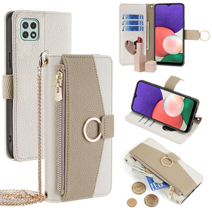 Samsung Galaxy A22 5G Crossbody Phone Case with Litchi Texture Leather, Adjustable Kickstand, Card Slots, Zipper Purse, Makeup Mirror, and TPU Protection