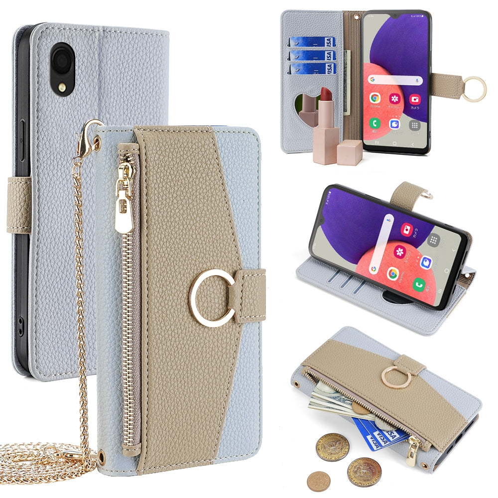 Samsung Galaxy A22 5G JP Version Crossbody Phone Case with Litchi Texture Leather, Adjustable Kickstand, Card Slots, Zipper Purse, Makeup Mirror, and TPU Protection
