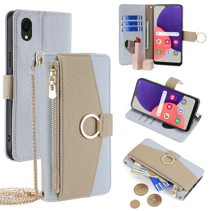 Samsung Galaxy A22 5G JP Version Crossbody Phone Case with Litchi Texture Leather, Adjustable Kickstand, Card Slots, Zipper Purse, Makeup Mirror, and TPU Protection