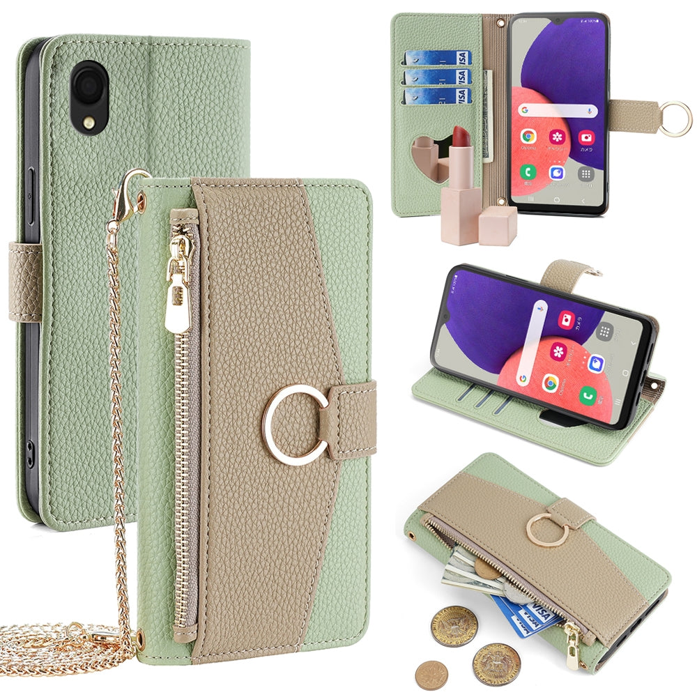 Samsung Galaxy A22 5G JP Version Crossbody Phone Case with Litchi Texture Leather, Adjustable Kickstand, Card Slots, Zipper Purse, Makeup Mirror, and TPU Protection