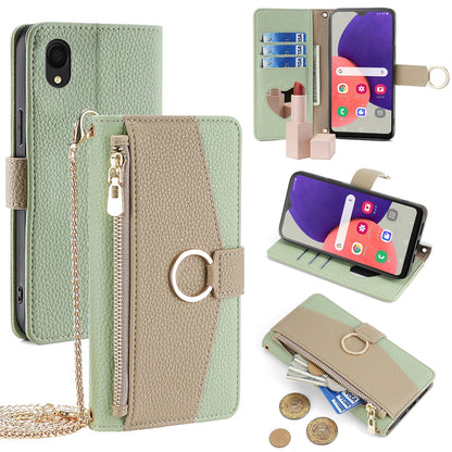Samsung Galaxy A22 5G JP Version Crossbody Phone Case with Litchi Texture Leather, Adjustable Kickstand, Card Slots, Zipper Purse, Makeup Mirror, and TPU Protection